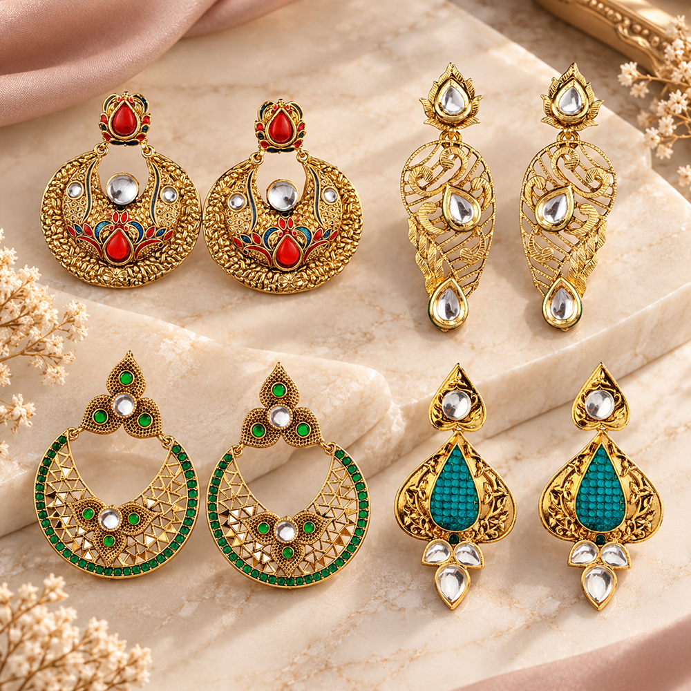 The99Jewel Traditional Gold Plated Earrings Combo Pack of 4 | Wedding & Party Wear Earrings