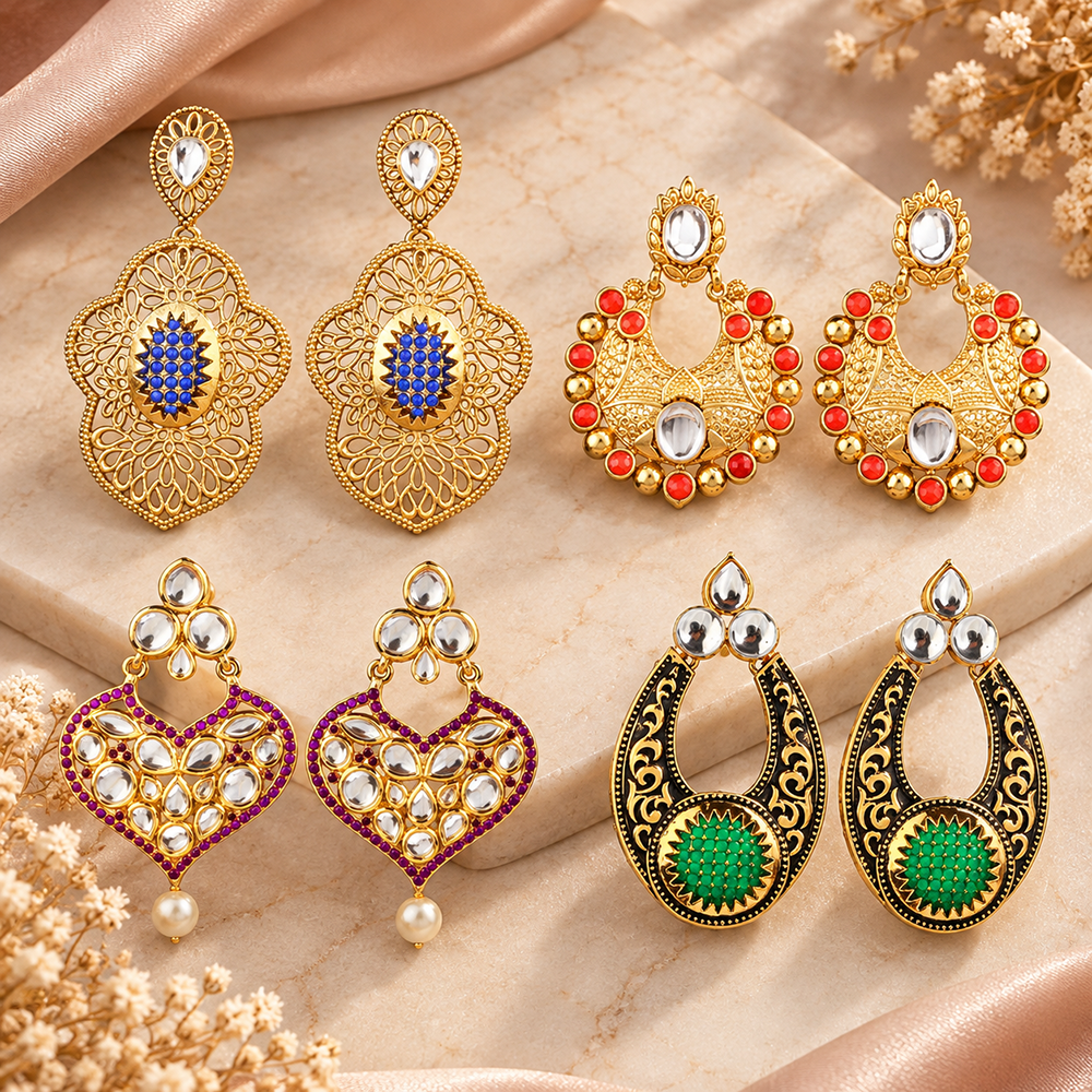 The99Jewel Traditional Gold Plated Earrings Combo Pack of 4 | Wedding & Party Wear Earrings