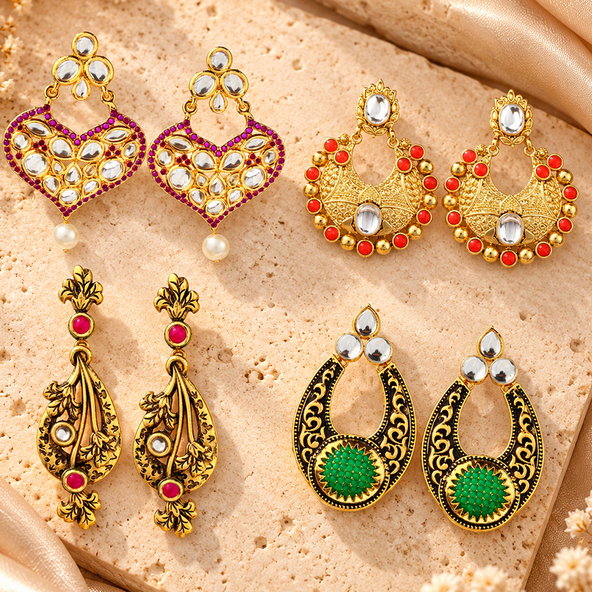The99Jewel Traditional Gold Plated Earrings Combo Pack of 4 | Wedding & Party Wear Earrings