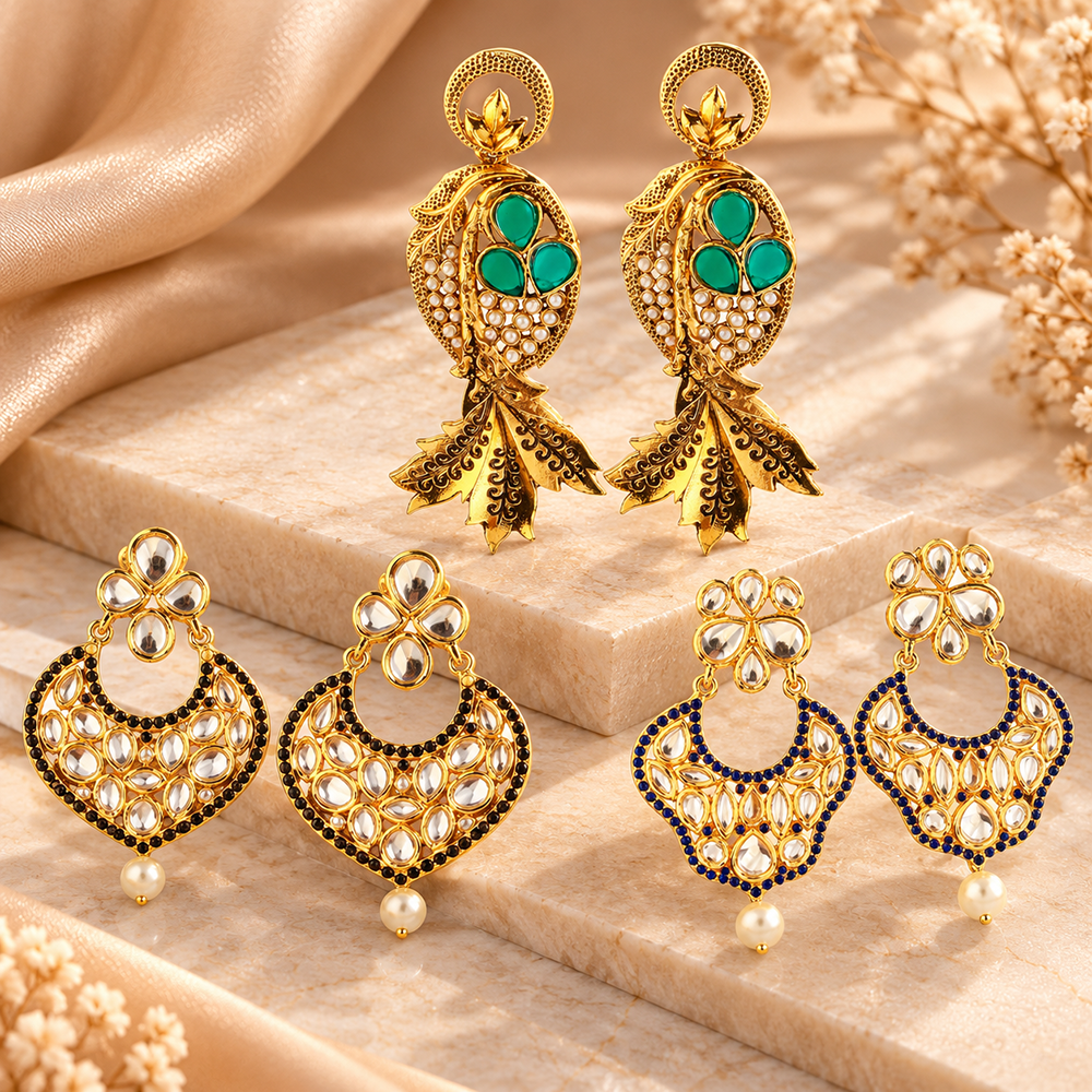 The99Jewel Traditional Gold Plated Earrings Combo Pack of 3 | Wedding & Party Wear Earrings