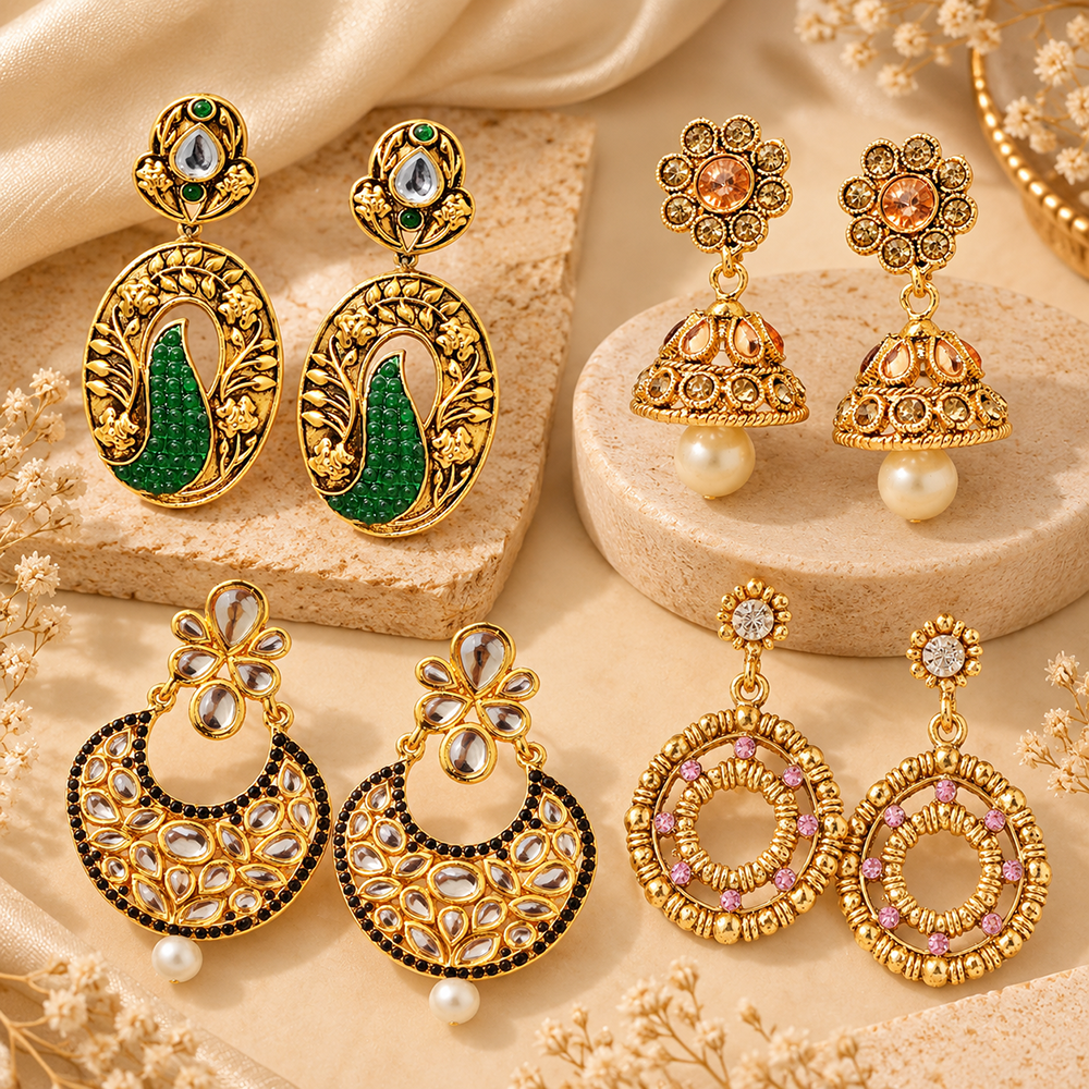 The99Jewel Traditional Festive Wear Earrings Combo Set for Women | Stylish Ethnic Indian Jewellery Collection for Wedding