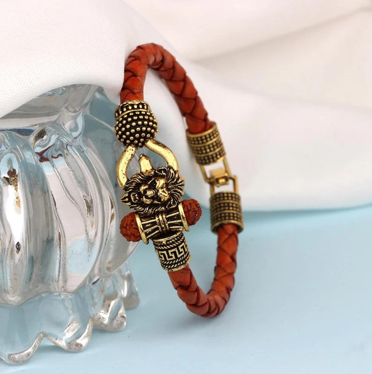 The99Jewel Lord Shiv Trishul Damru Narasimha Rudraksh Leather Bracelet Kada for Men