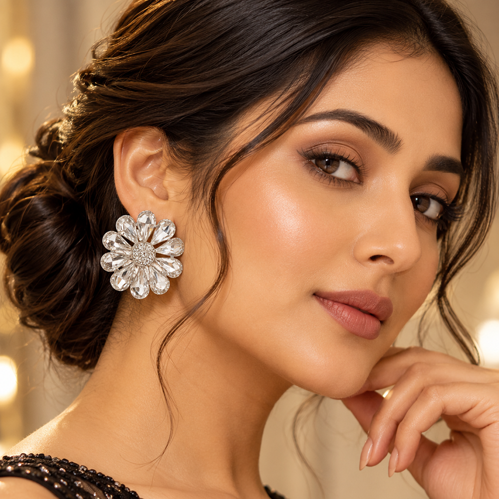 The99Jewel Designer Crystal Stone Flower Shape  Stud Earrings for Women | Traditional Ethnic Jewellery