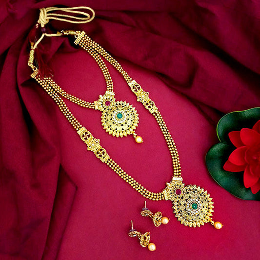 Gold Plated Maroon Green Stone Double layer Necklace Set