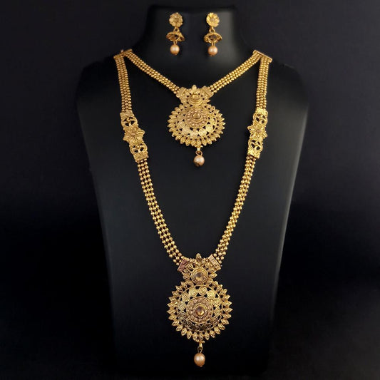 Brown Stone Double Gold Plated Necklace Set