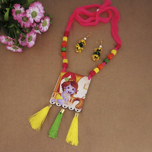 Lord Krishna Digital Printed Wooden Necklace Set