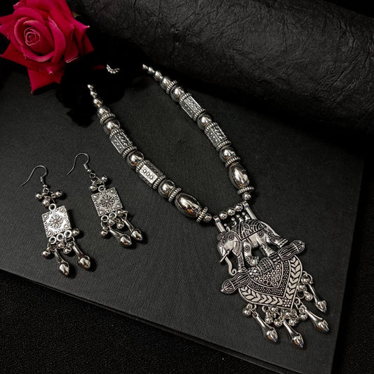 Oxidised Plated Designer Elephant Necklace Set