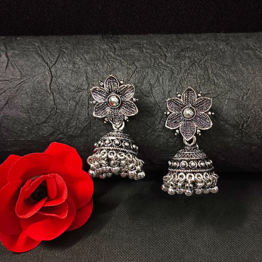 Oxidised Plated Floral Jhumki Earrings