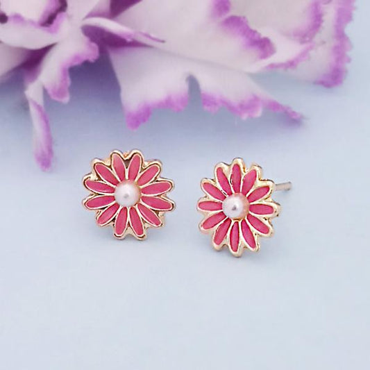 Pink Enamel And Pearl Gold Plated Stud Earrings