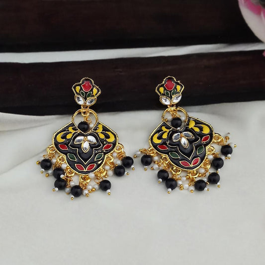 Gold Plated Black Meenakari Dangler Earrings