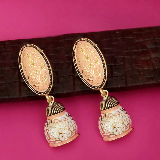 Gold Plated Peach Meenakari Jhumka Earrings