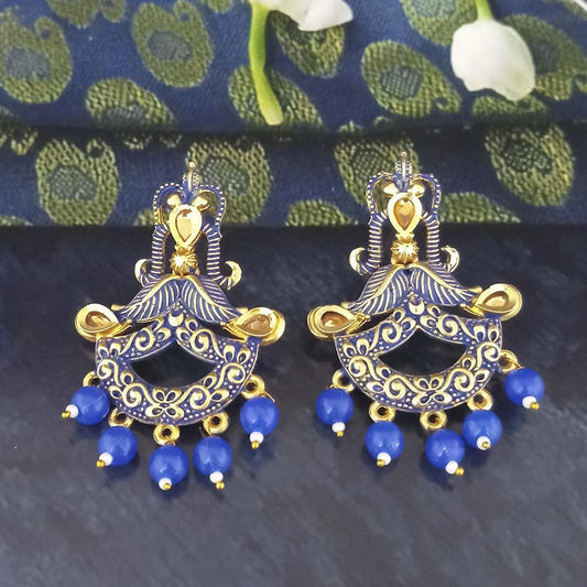 Blue Matte Meenakari Dangler Beads Drop Earrings