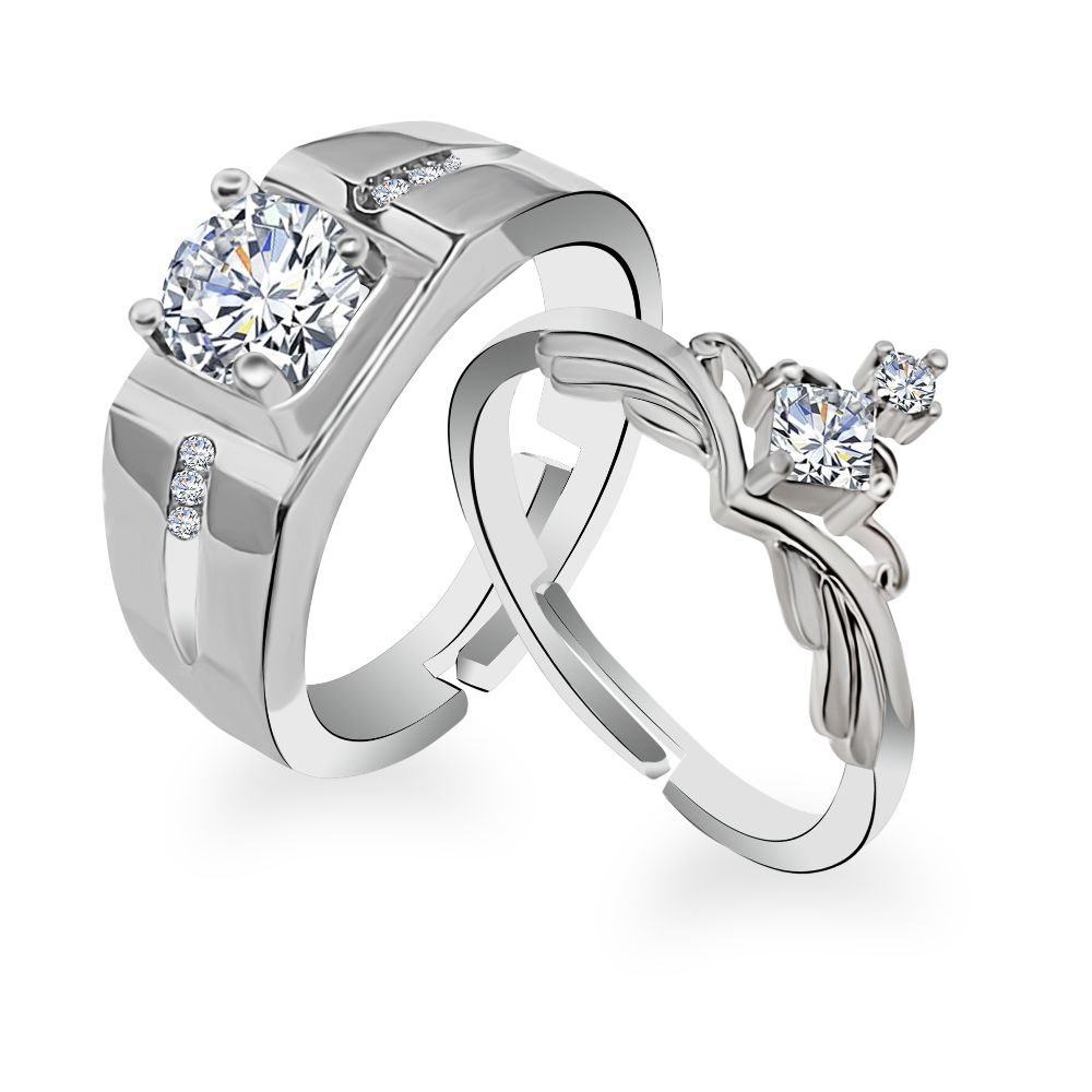 Rhodium Plated Solitaire Couple Ring Set With Crystal Stone ( assorted )